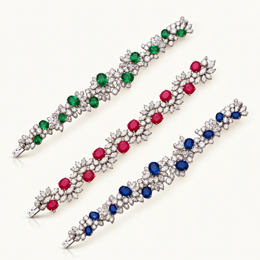Floral Cluster Gemstone Tennis Bracelet in ruby, emerald and sapphire colourways