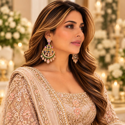 Gold Plated Chandbali Statement Earrings with pink gemstones worn by a model