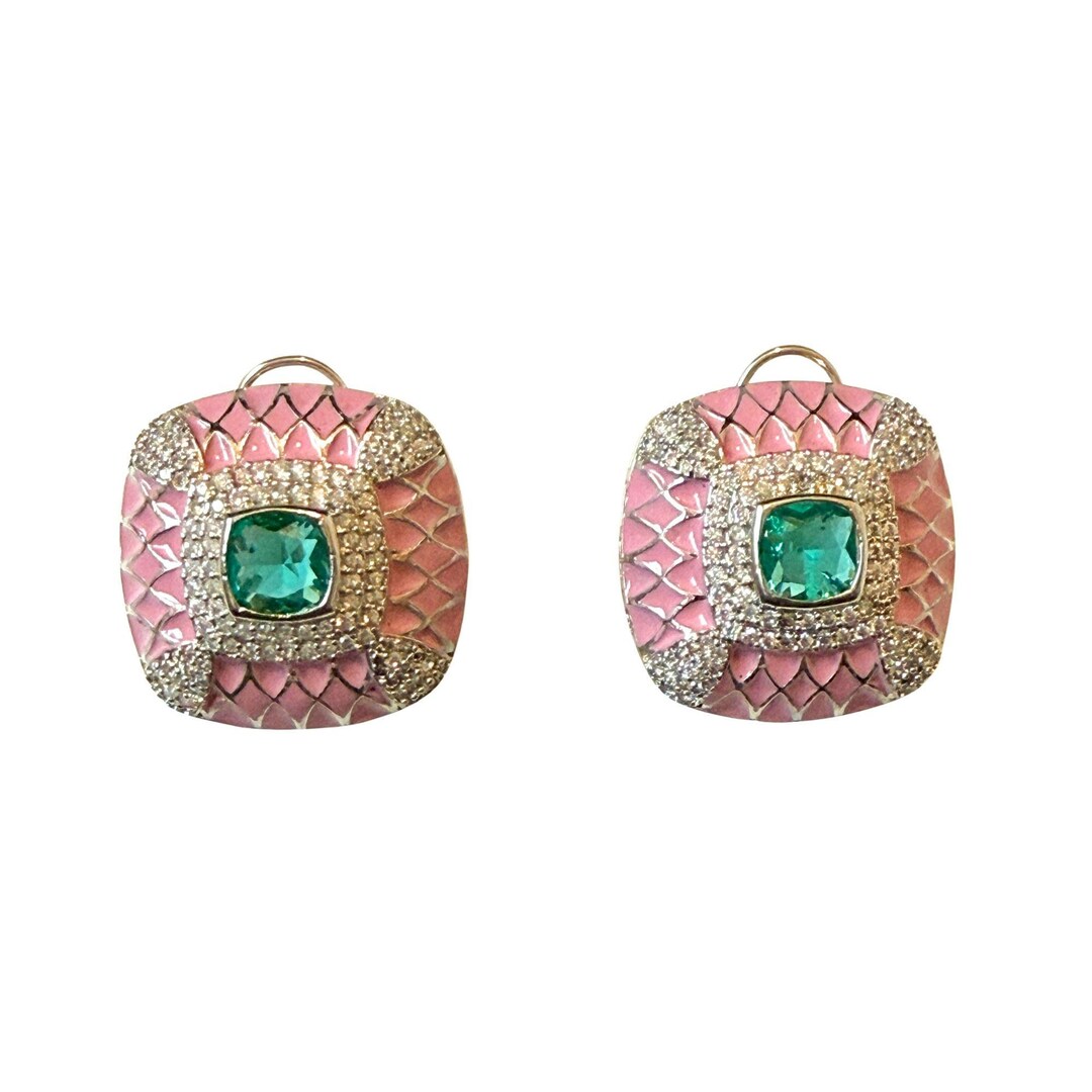 Pink enamel square earrings with emerald colour stone - Ratnali Jewels