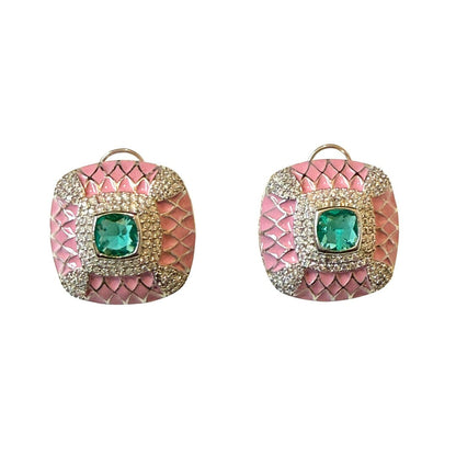Pink enamel square earrings with emerald colour stone - Ratnali Jewels
