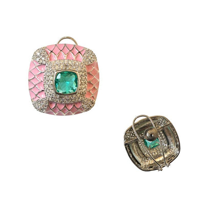 Pink enamel square earrings worn - Ratnali Jewels