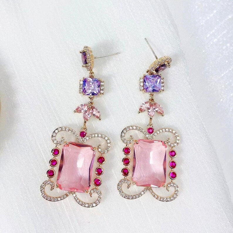 Pink tourmaline colour dangle earrings worn - Ratnali Jewels
