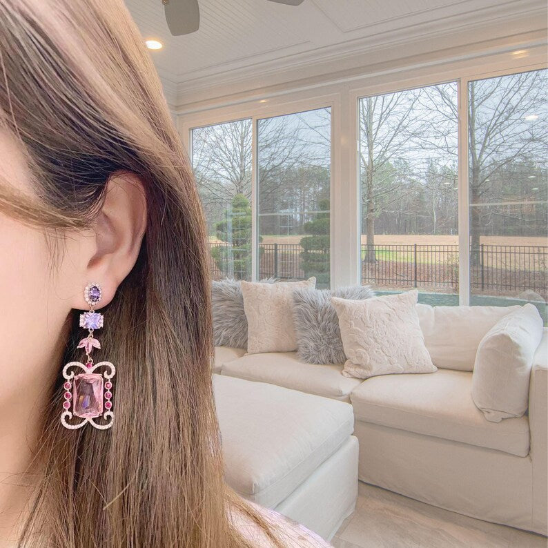 Pink tourmaline colour dangle earrings side view - Ratnali Jewels