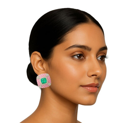 Pink enamel square earrings close up - Ratnali Jewels