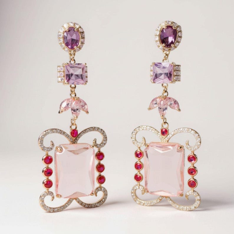 Pink tourmaline colour dangle earrings close up - Ratnali Jewels