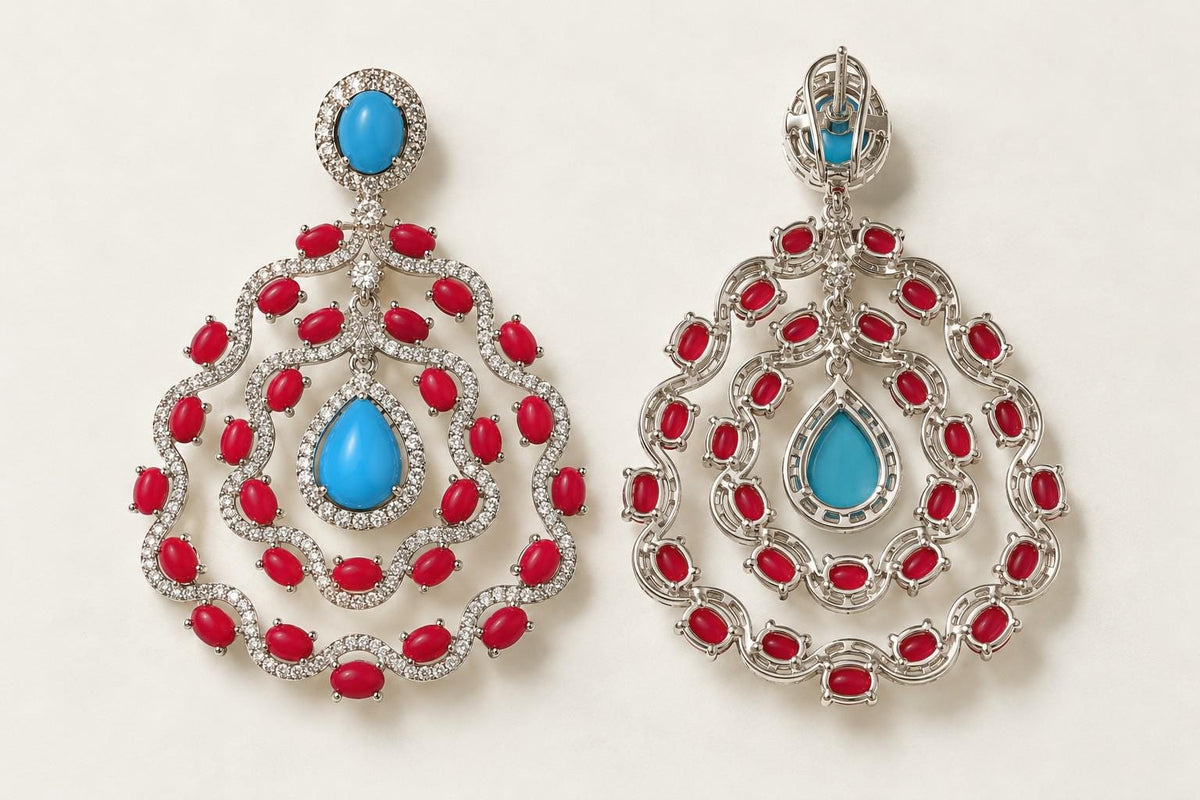 Front and back of turquoise and coral chandelier earrings showing the omega clip
