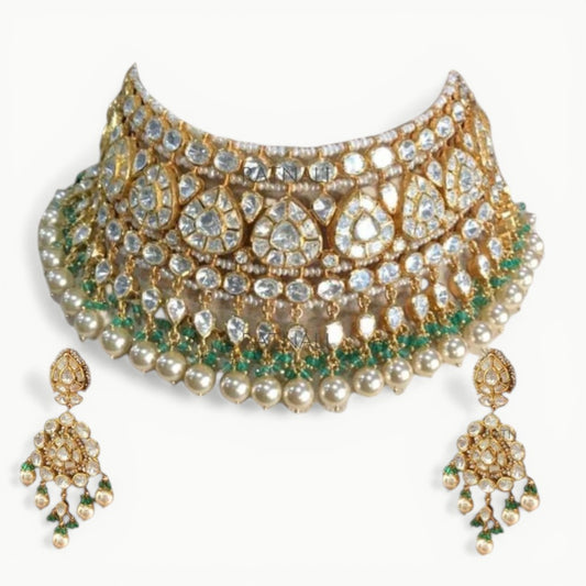 Moissanite Polki Green Bead Fringe Choker Necklace