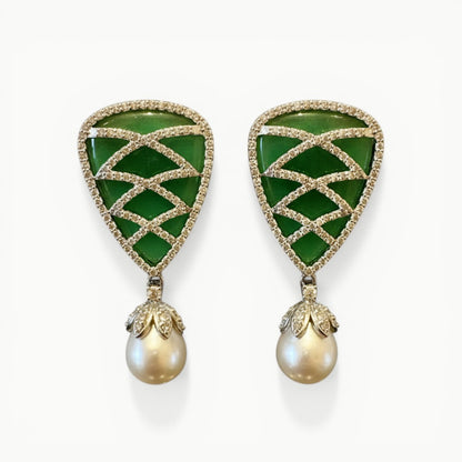 Jade, Simulated Diamond and Baroque Pearl Drop Earrings - ratnalijewels