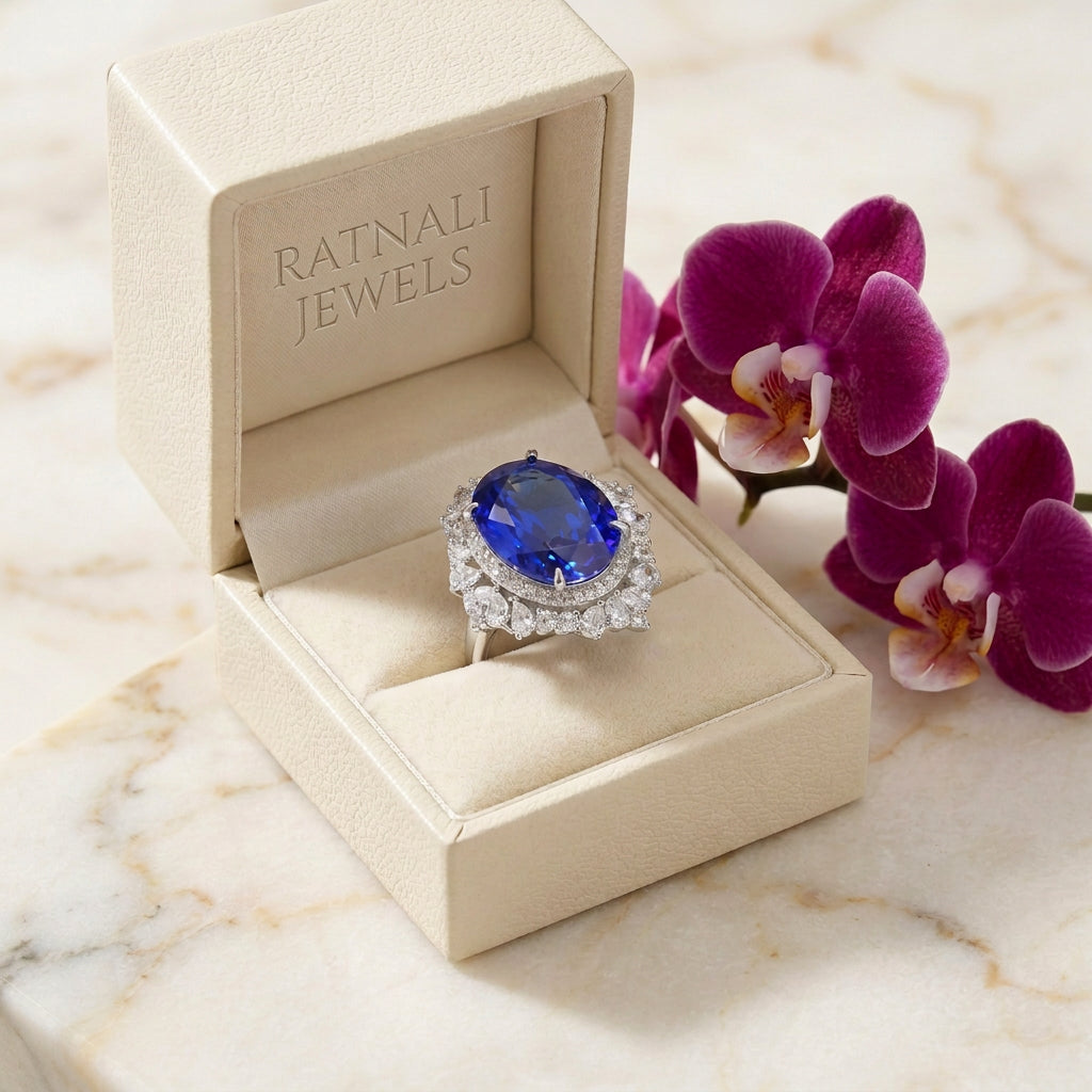Lab Grown Blue Sapphire Silver Ring view 6 - Ratnali Jewels