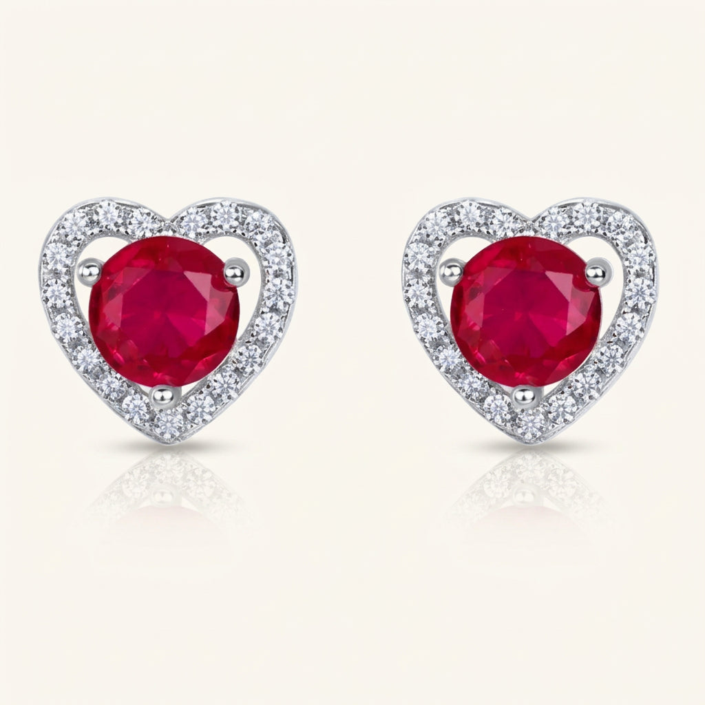 Lab grown ruby heart halo stud earrings in sterling silver