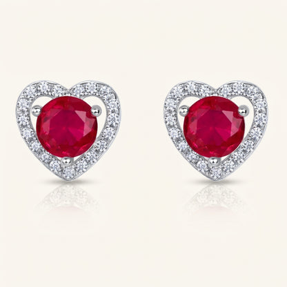 Lab grown ruby heart halo stud earrings in sterling silver