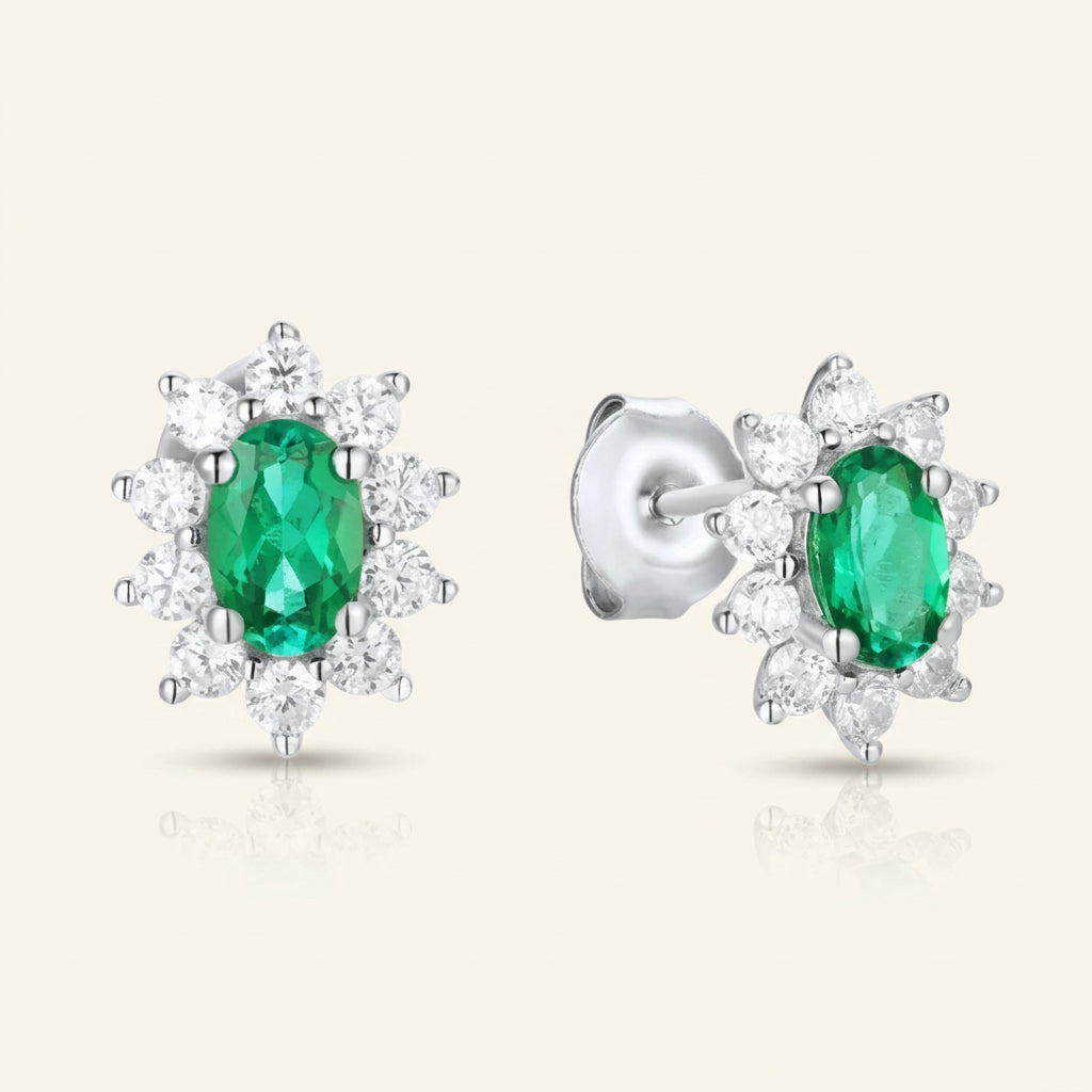 Lab grown emerald oval halo stud earrings in sterling silver