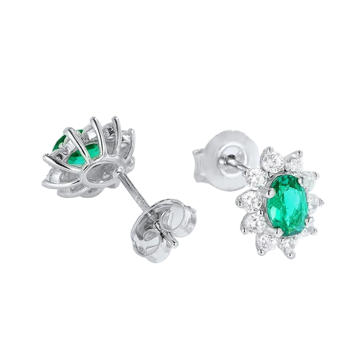 Emerald oval halo stud earrings showing setting and push backs
