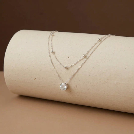 Moissanite Double Layer Solitaire Necklace in silver tone, Ratnali Jewels