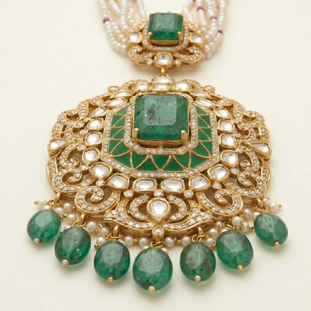 Emerald Polki Pendant Pearl Haar