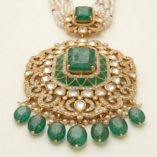 Emerald Polki Pendant Necklace Pearl Haar - ratnalijewels