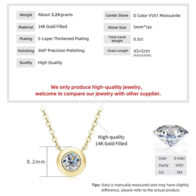 Moissanite Round Solitaire Necklace in 14K Gold Filled, view 5, Ratnali Jewels
