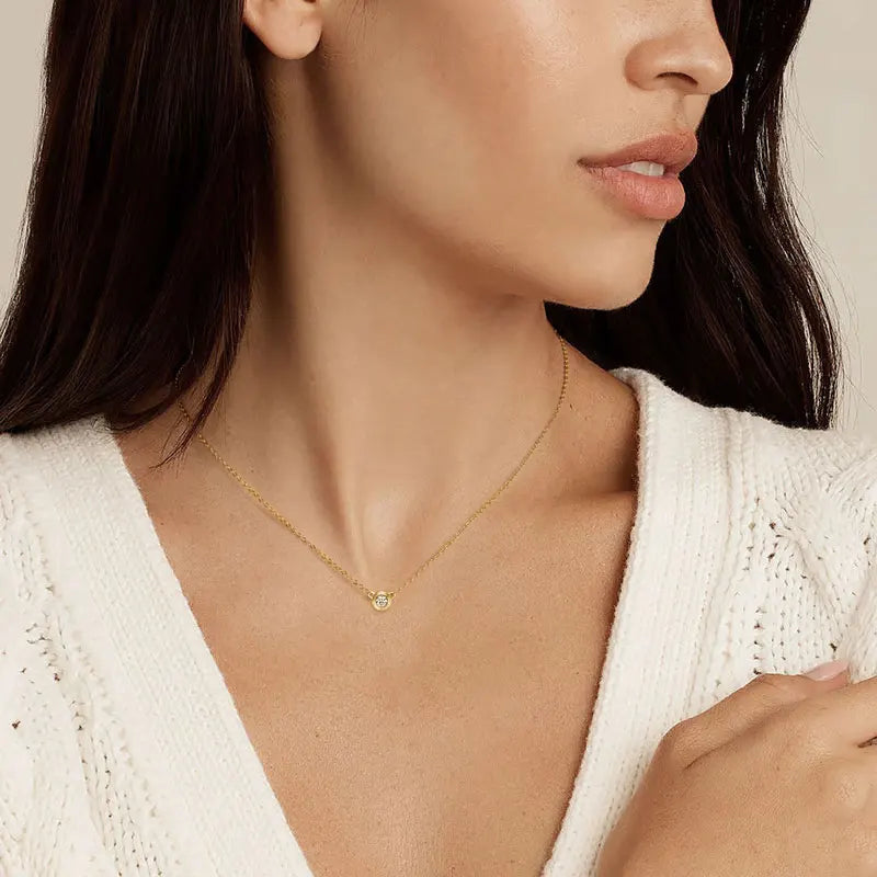Moissanite Bezel Solitaire Necklace, 3 mm stone worn at the collarbone