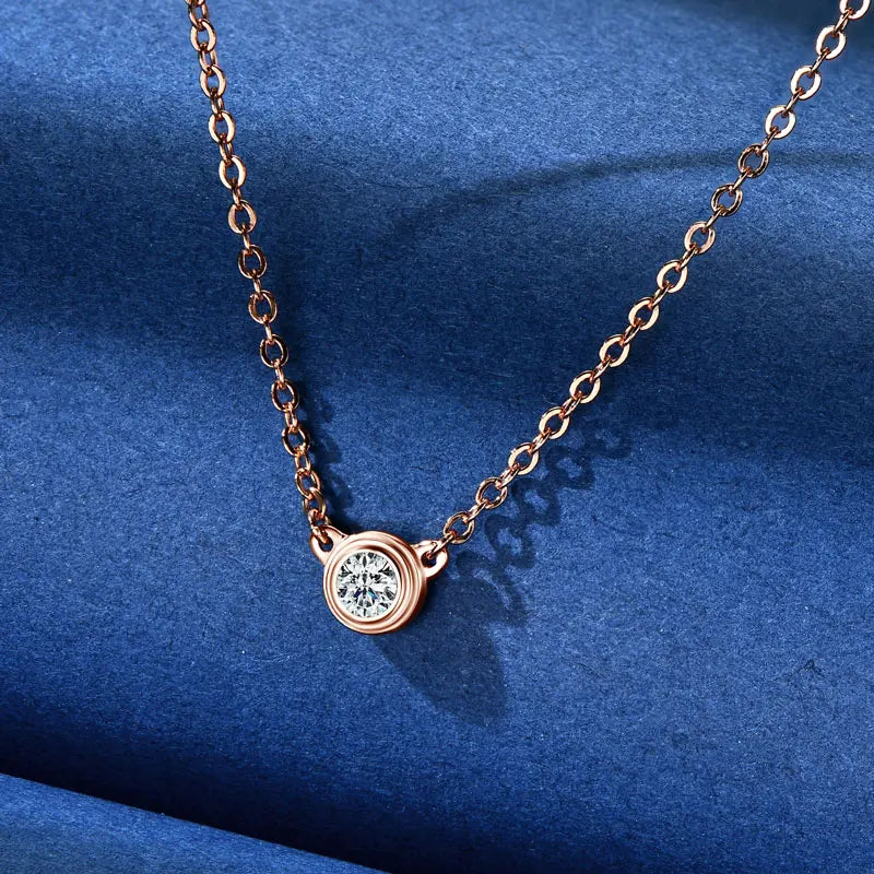 Moissanite Bezel Solitaire Necklace, 3 mm stone in rose gold
