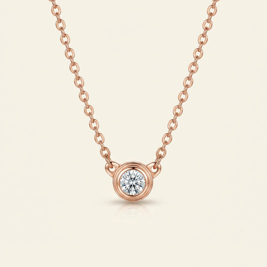 Moissanite Bezel Solitaire Necklace, 3 mm stone in rose gold