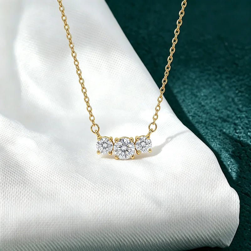 Moissanite Three Stone Pendant Necklace in 14K Gold Filled, view 3, Ratnali Jewels