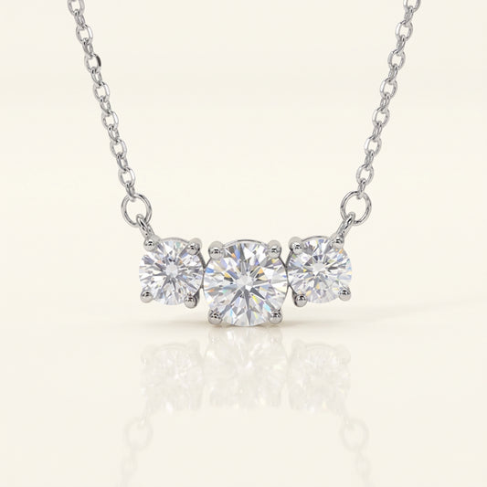 Moissanite Three Stone Trilogy Necklace in silver tone, Ratnali Jewels