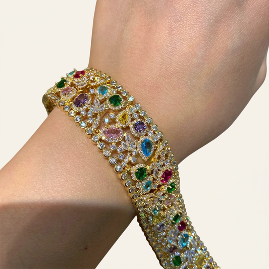 Coloured CZ Geometric Charm Bracelet in gold multi, worn on the wrist