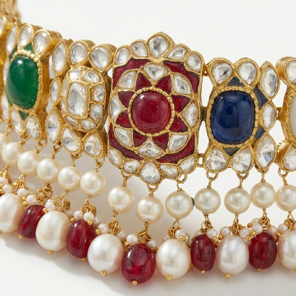 Close-up detail of Polki gemstone setting