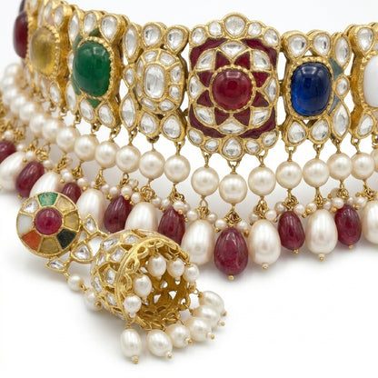 Navratan Polki Jadau Necklace and Earring Set - ratnalijewels