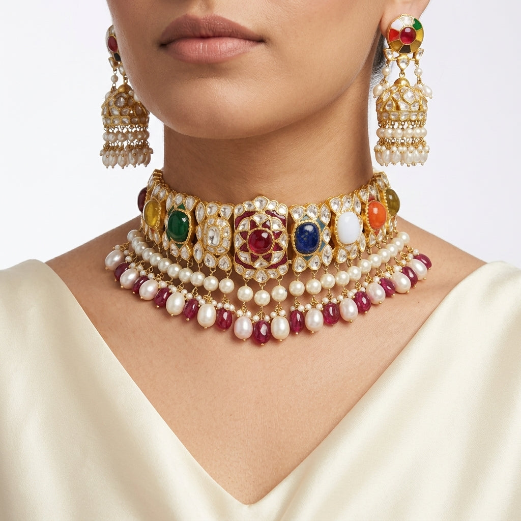 Navratan Polki Jadau Necklace and Earring Set - ratnalijewels