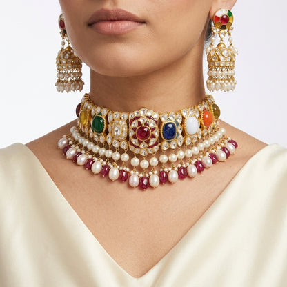 Navratan Polki Jadau Necklace and Earring Set - ratnalijewels