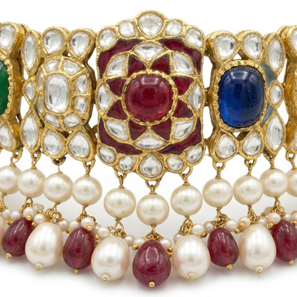 Navratan Polki Jadau Necklace and Earring Set - ratnalijewels