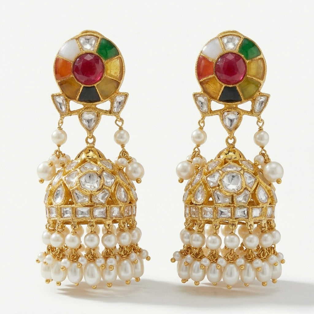 Navratan Polki Jadau Necklace and Earring Set - ratnalijewels