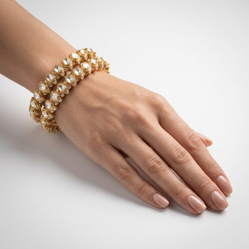Moissanite Polki & Pearl Jadau Bangles - ratnalijewels