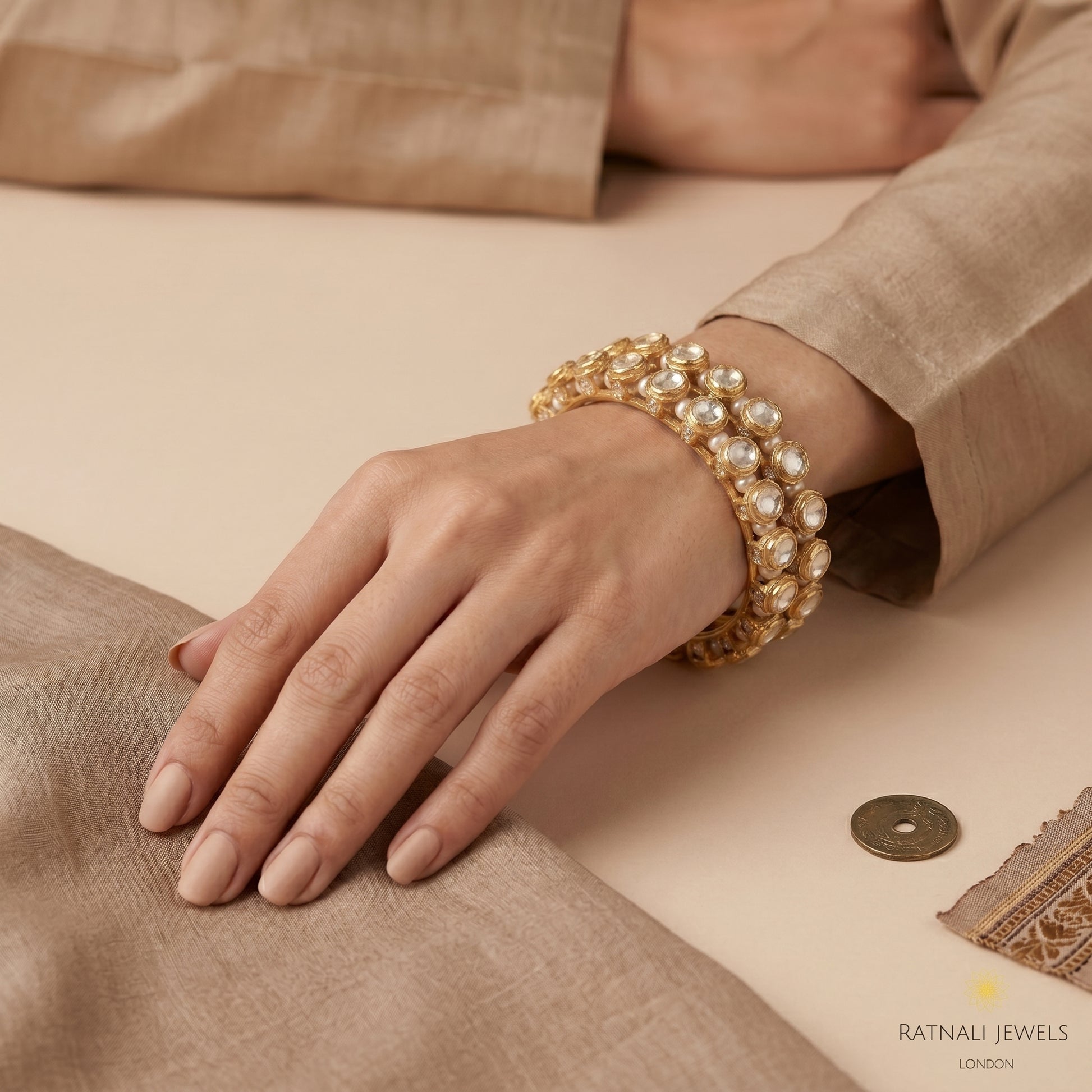 Moissanite Polki & Pearl Jadau Bangles - ratnalijewels