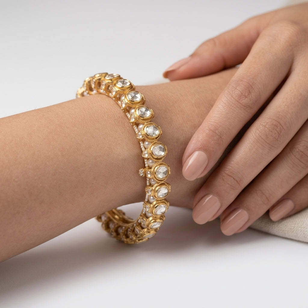 Moissanite Polki & Pearl Jadau Bangles - ratnalijewels