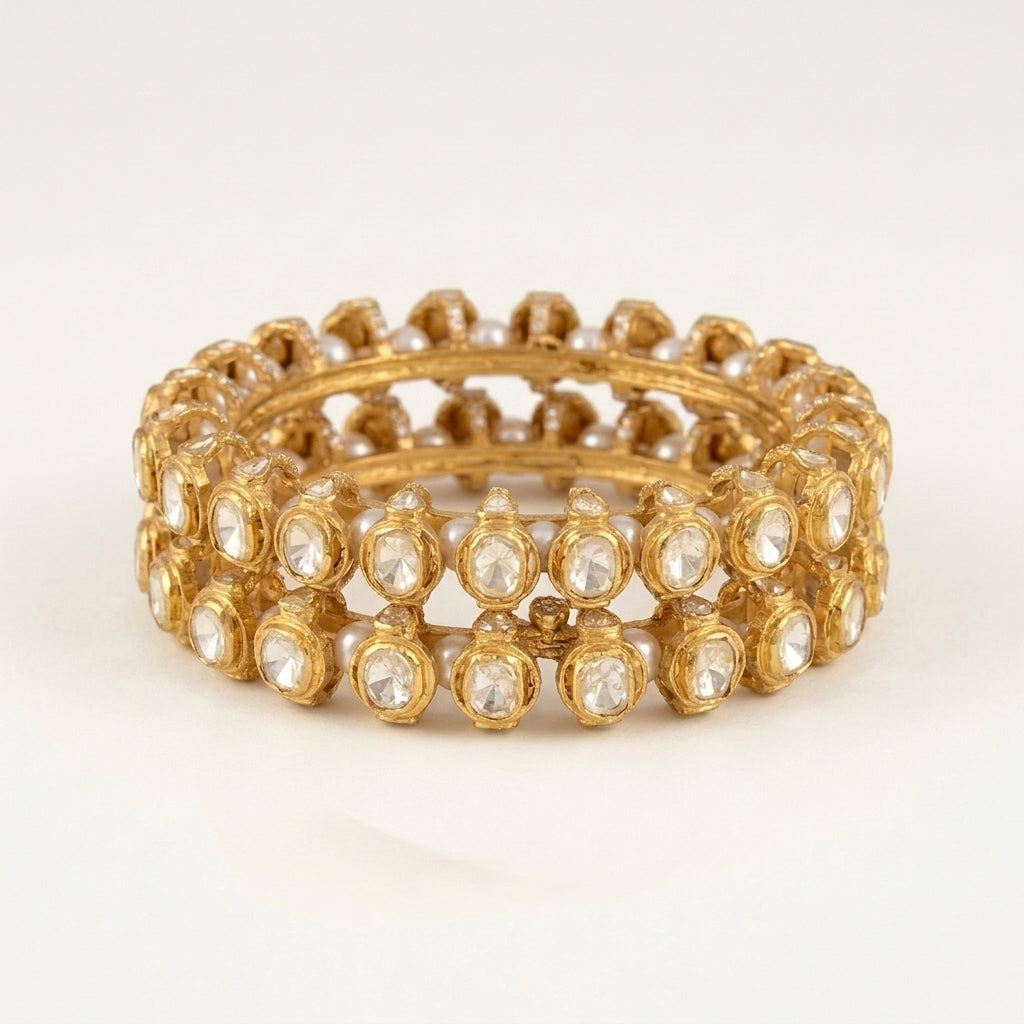 Moissanite Polki & Pearl Jadau Bangles - ratnalijewels