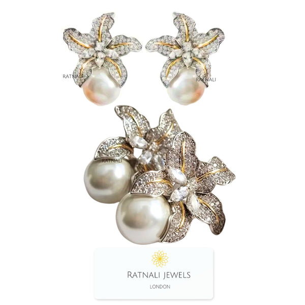 Pearl drop zirconia flower earrings | Wedding pearl stud earrings