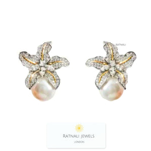 Pearl drop zirconia flower earrings | Wedding pearl stud earrings