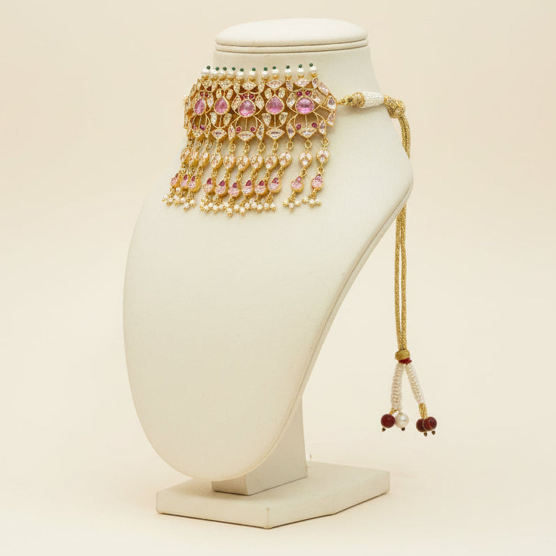 Side view of pink tourmaline Polki necklace showing adjustable dori tie closure — custom bridal jewellery set made to order by Ratnali Jewels