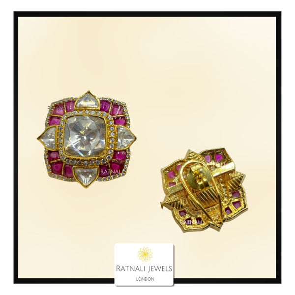 Belarosa | Real Silver Moissanite Polki  Kundan Jadau stud Earrings, Gold plated polki earrings, Ruby kundan polki earrings