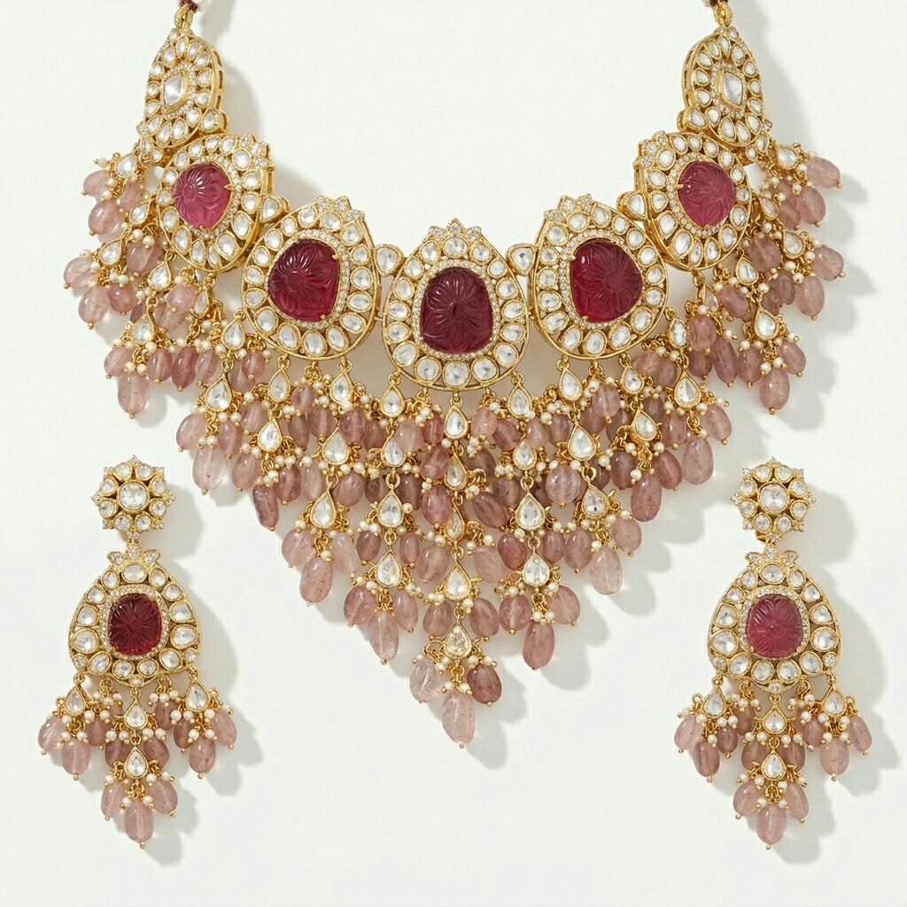 Carved Rose Quartz Polki Necklace Set - ratnalijewels