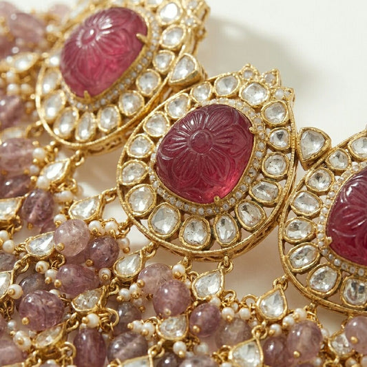 Carved Rose Quartz Polki Necklace Set - ratnalijewels