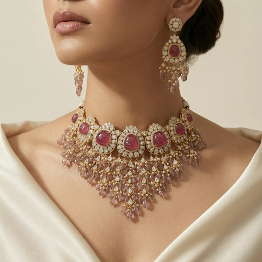 Carved Rose Quartz Polki Necklace Set - ratnalijewels