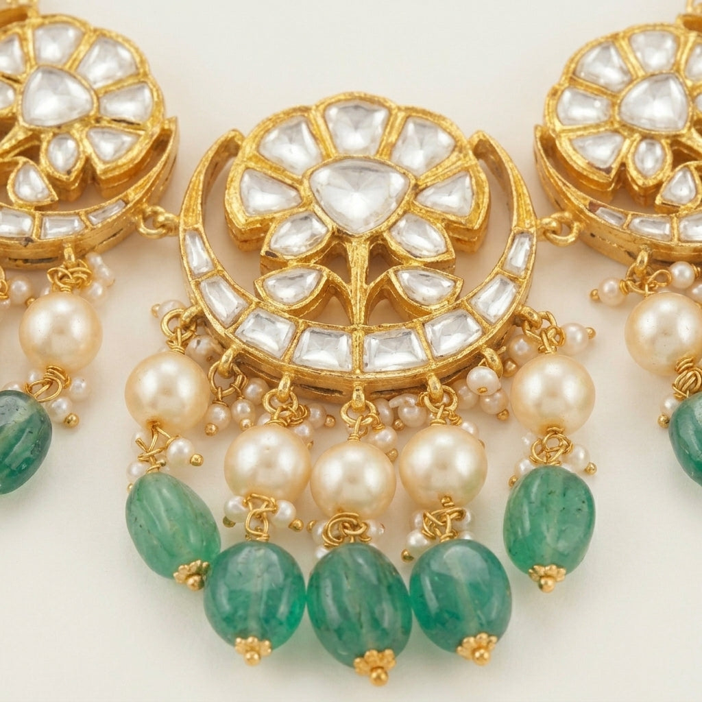 Close-up of pearl and emerald bead detail on Polki pendant necklace set