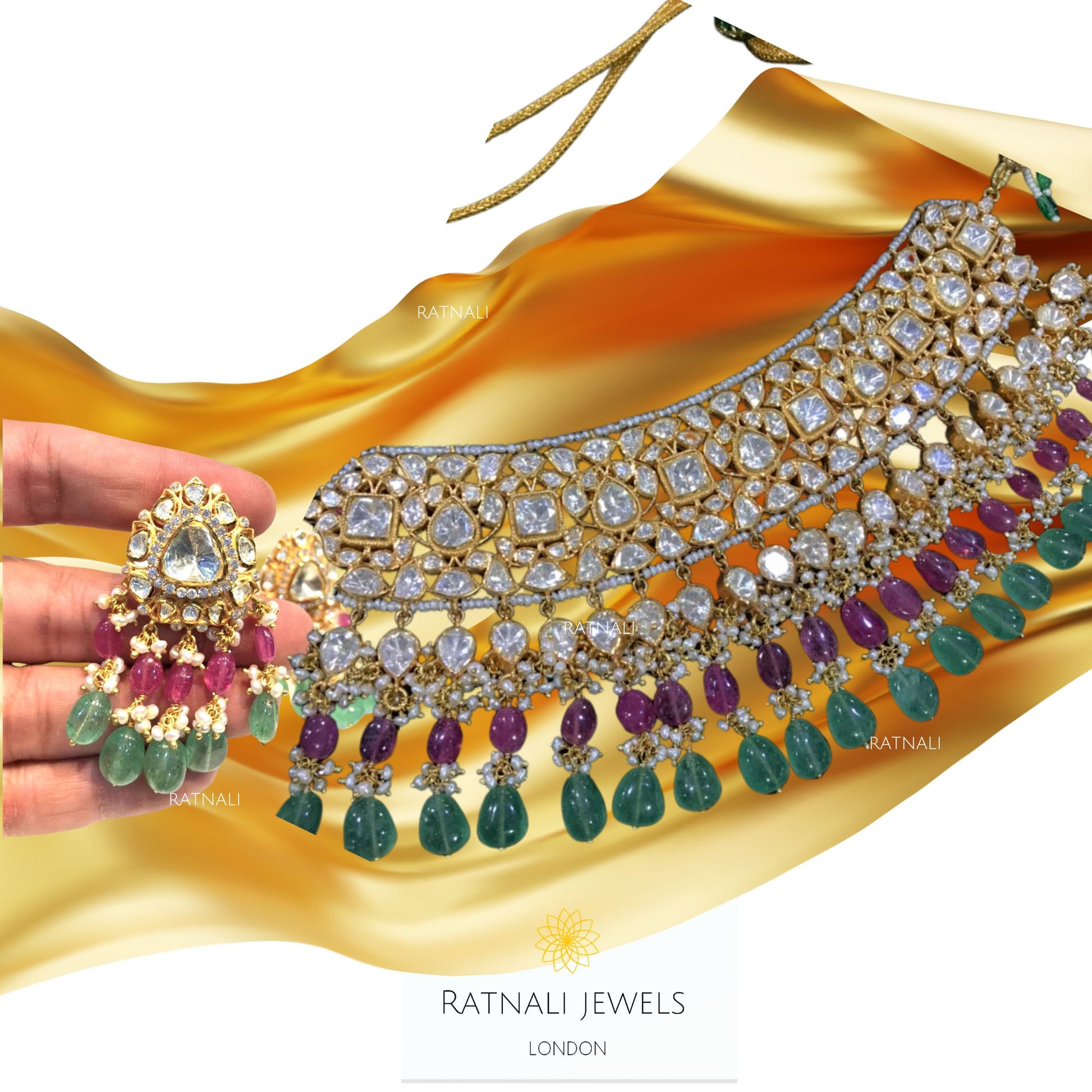 Mohini Chauser | Real Silver Moissanite Polki Jadau Necklace Set with Semi Precious Beads & Pearls,bridal necklace, Kundan Necklace - ratnalijewels