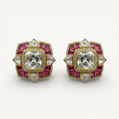 Belarosa | Real Silver Moissanite Polki  Kundan Jadau stud Earrings, Gold plated polki earrings, Ruby kundan polki earrings - ratnalijewels