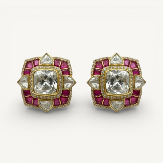 Belarosa | Real Silver Moissanite Polki  Kundan Jadau stud Earrings, Gold plated polki earrings, Ruby kundan polki earrings - ratnalijewels