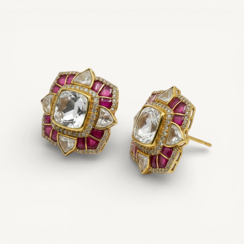 Belarosa | Real Silver Moissanite Polki  Kundan Jadau stud Earrings, Gold plated polki earrings, Ruby kundan polki earrings - ratnalijewels