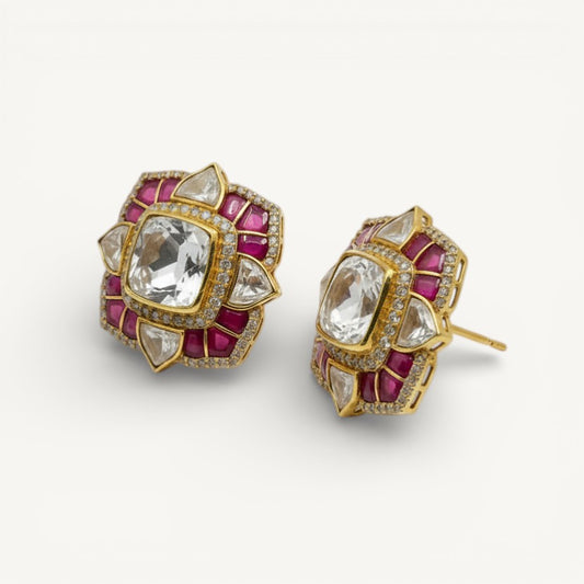 Belarosa | Real Silver Moissanite Polki  Kundan Jadau stud Earrings, Gold plated polki earrings, Ruby kundan polki earrings - ratnalijewels